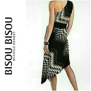 BISOU One Shoulder Dress High Low Hem BLACK PRINT Combo SZ 6 WOMENS SZ 6